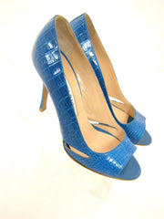 MANOLO BLAHNIK Turquoise Croc-Skin Open-Toe Heel Pumps Shoes 37/7