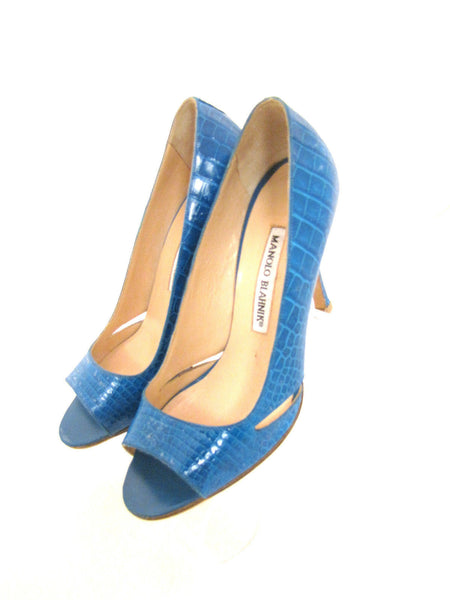 MANOLO BLAHNIK Turquoise Croc-Skin Open-Toe Heel Pumps Shoes 37/7